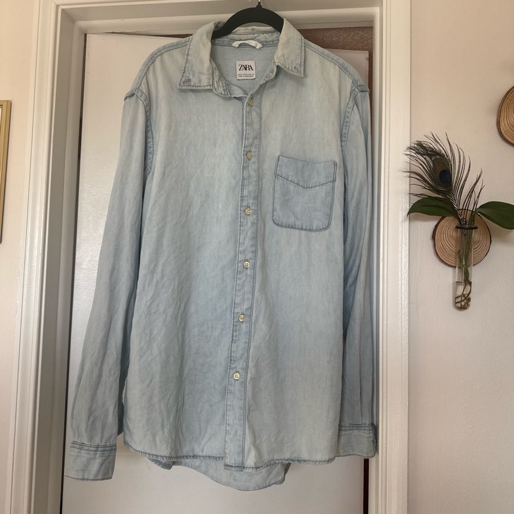 Zara Man Light Blue Denim Button-Down Shirt